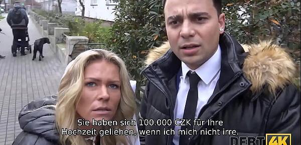 DEBT4k. Schuldeneintreiber fickt die Braut im weißen Kleid und in Strümpfen